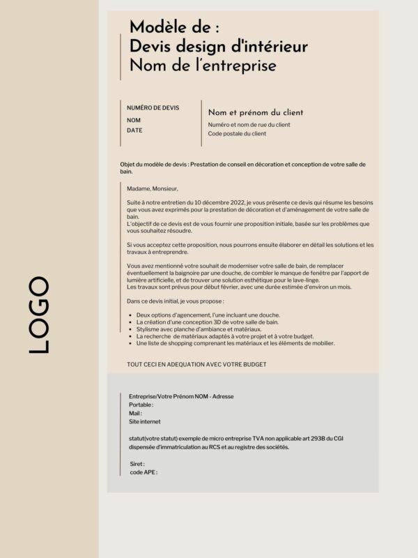 Modèle de devis prestation design d'intérieur