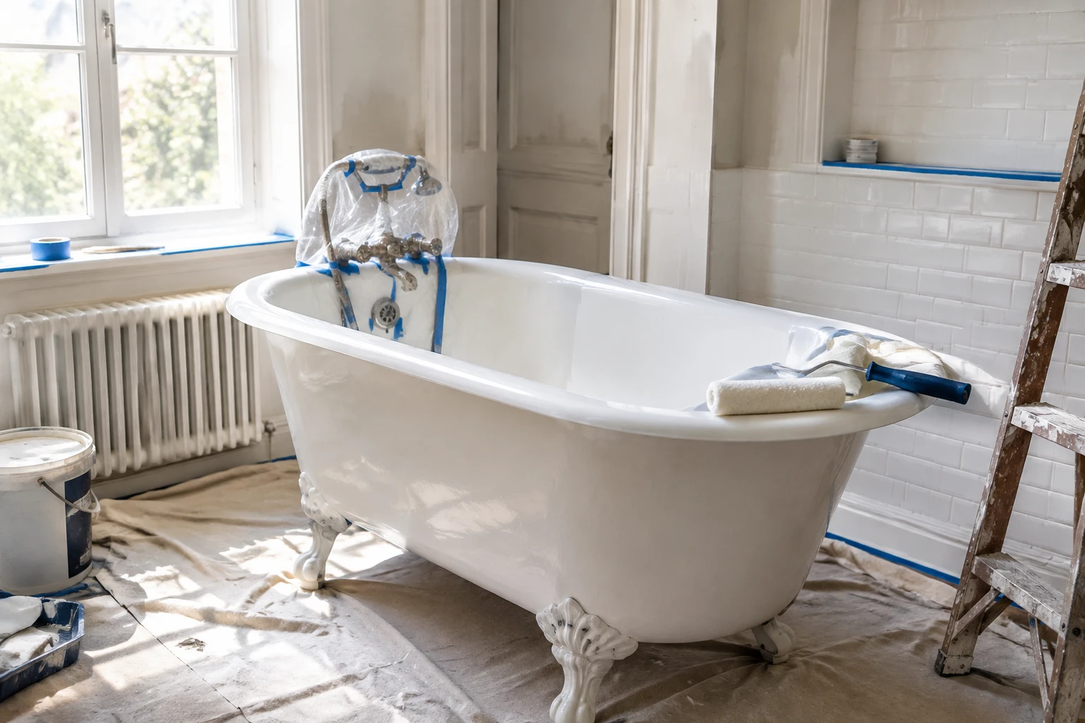 Baignoire en cours de rénovation avec rouleau laqueur et ruban de protection dans une salle de bains