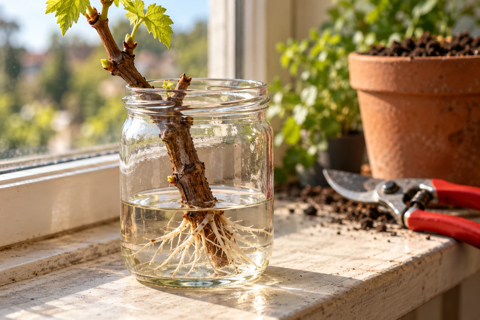 Réussir une bouture de vigne dans l&rsquo;eau, du sarment au pot