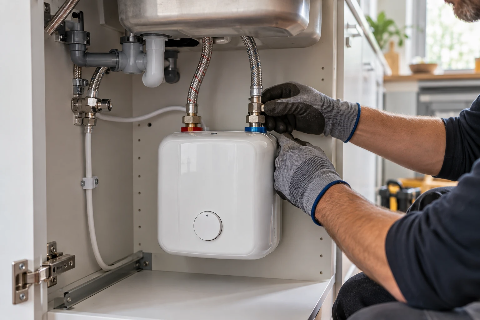Chauffe-eau électrique instantané fixé sous un évier avec raccordements visibles lors d'une installation