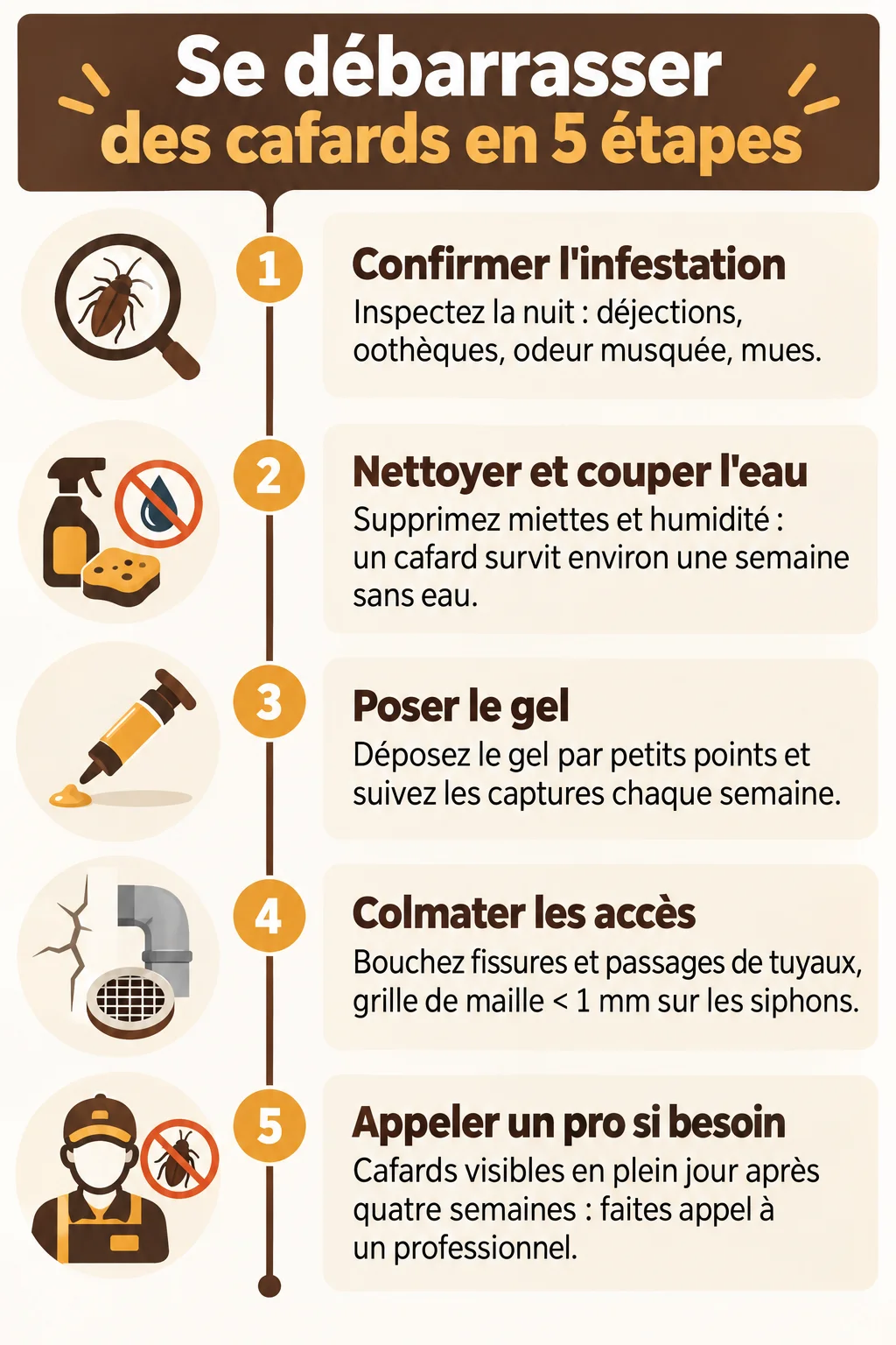 Se débarrasser des cafards en 5 étapes : 1. Confirmer l'infestation, 2. Nettoyer et couper l'eau, 3. Poser le gel, 4. Colmater les accès, 5. Appeler un pro si besoin
