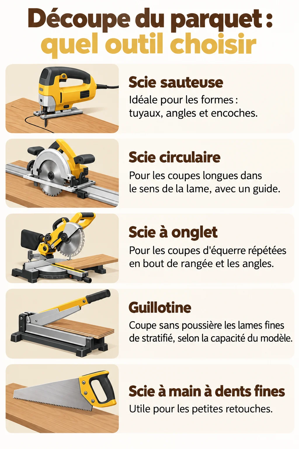 Découpe du parquet : quel outil choisir : Scie sauteuse, Scie circulaire, Scie à onglet, Guillotine, Scie à main à dents fines