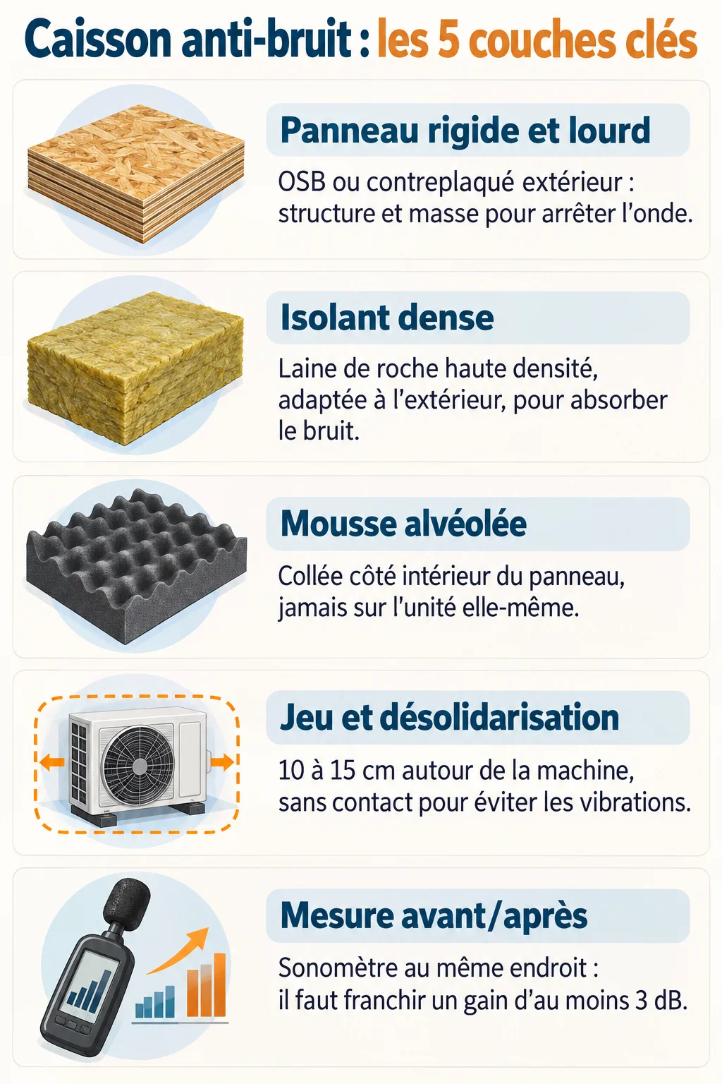 Caisson anti-bruit : les 5 couches clés : Panneau rigide et lourd, Isolant dense, Mousse alvéolée, Jeu et désolidarisation, Mesure avant/après