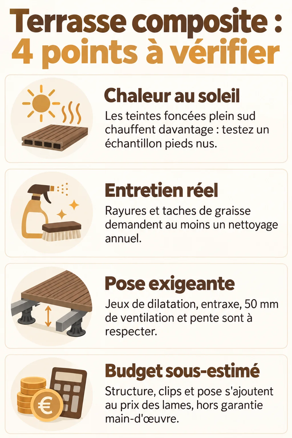 Terrasse composite : 4 points à vérifier : Chaleur au soleil, Entretien réel, Pose exigeante, Budget sous-estimé