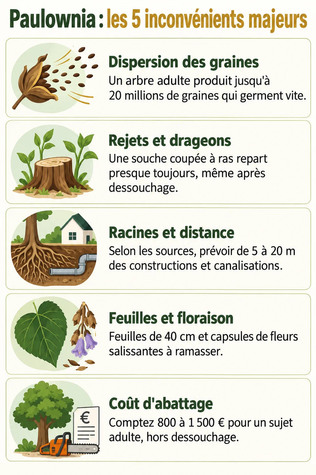 Paulownia : les 5 inconvénients majeurs : Dispersion des graines, Rejets et drageons, Racines et distance, Feuilles et floraison, Coût d'abattage