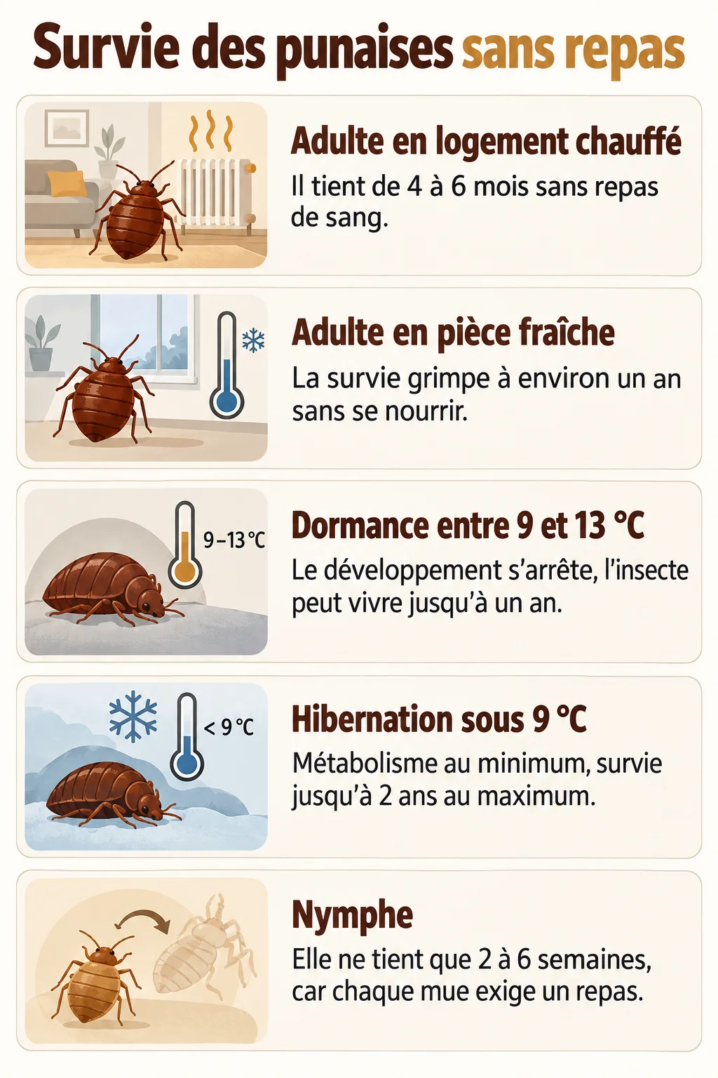 Survie des punaises sans repas : Adulte en logement chauffé, Adulte en pièce fraîche, Dormance entre 9 et 13 °C, Hibernation sous 9 °C, Nymphe