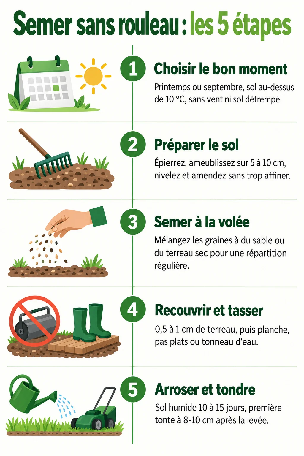 Semer sans rouleau : les 5 étapes : 1. Choisir le bon moment, 2. Préparer le sol, 3. Semer à la volée, 4. Recouvrir et tasser, 5. Arroser et tondre